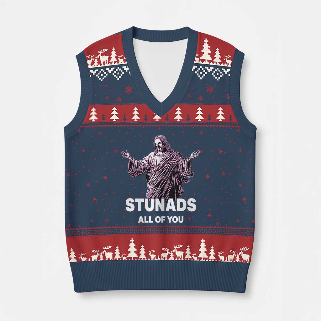 Funny Jesus V-Neck Knit Sweater Vest Stunads All Of You - Wonder Print Shop