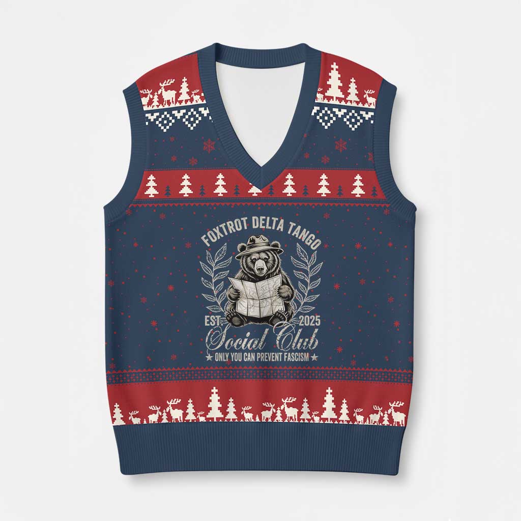 Foxtrot Delta Tango FDT Social Club V-Neck Knit Sweater Vest Only You Can Prevent Fascism Retro Bear - Wonder Print Shop