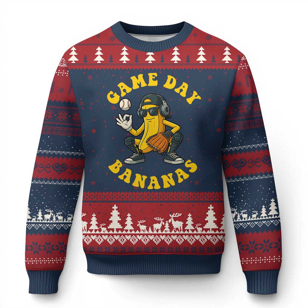 Cute Bananas Graphic Ugly Christmas Sweater Game Day Cool Catcher Baseball Lover - Wonder Print Shop