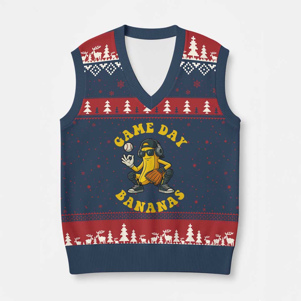 Cute Bananas Graphic V-Neck Knit Sweater Vest Game Day Cool Catcher Baseball Lover - Wonder Print Shop