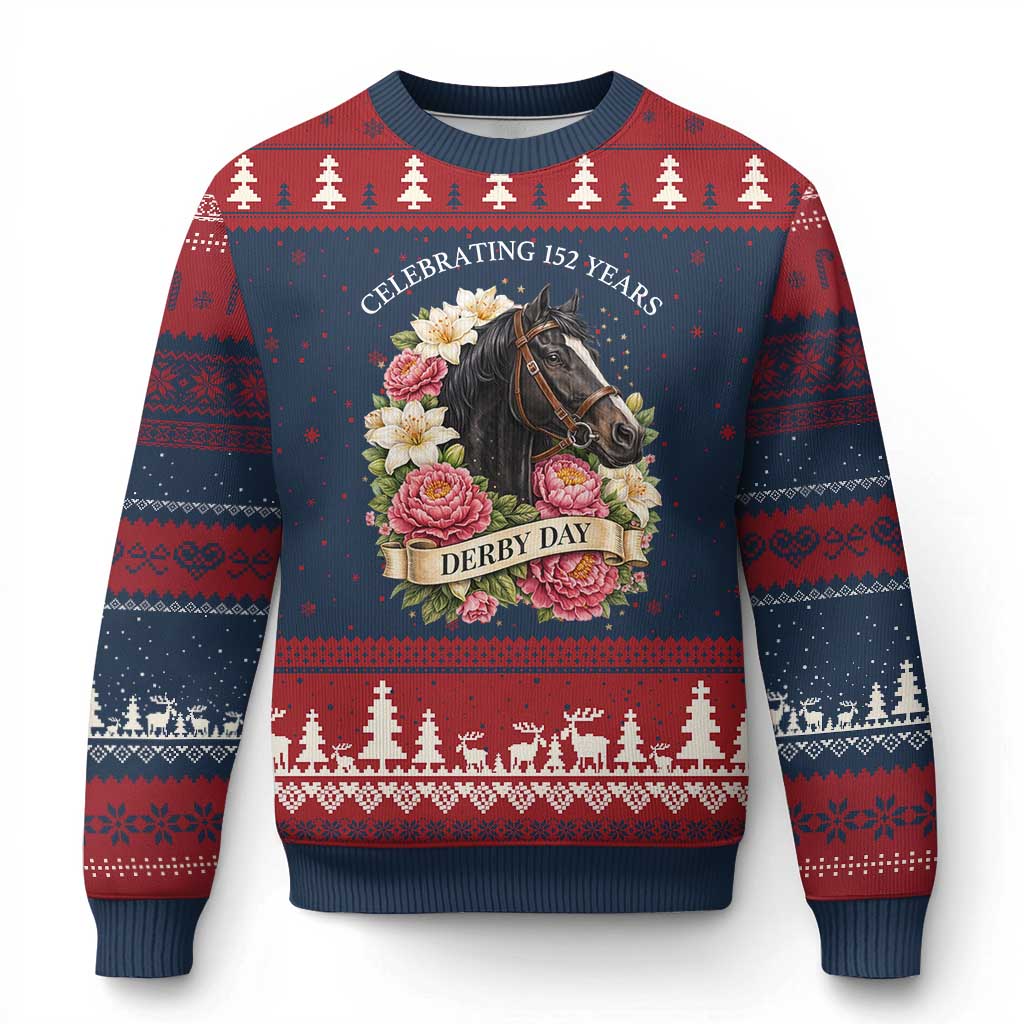 Celebrating 152 Years Derby Day Floral Ugly Christmas Sweater Horse Racing Pink Peony White Lily Equestrian 152nd Anniversary