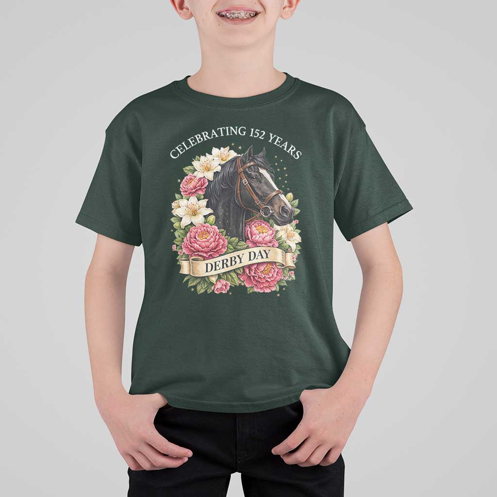 Celebrating 152 Years Derby Day Floral T Shirt For Kid Horse Racing Pink Peony White Lily Equestrian 152nd Anniversary