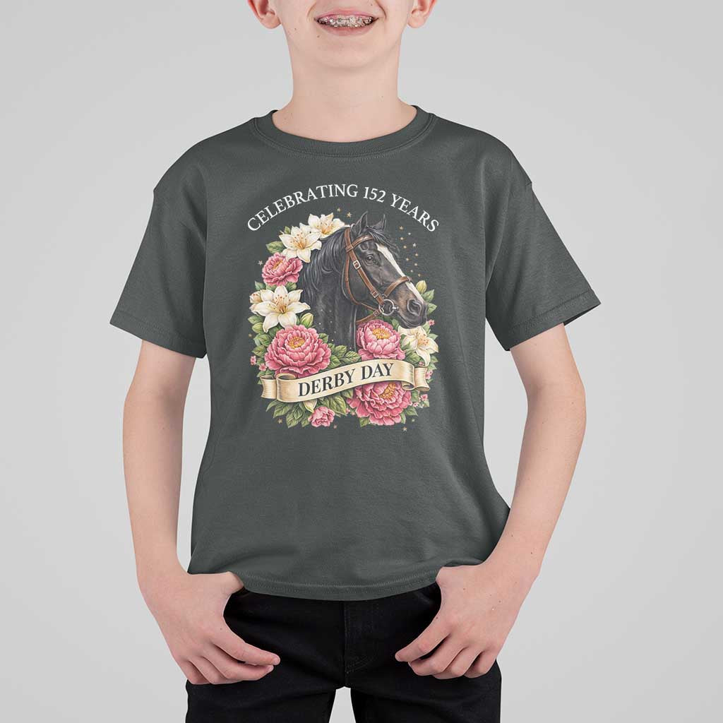 Celebrating 152 Years Derby Day Floral T Shirt For Kid Horse Racing Pink Peony White Lily Equestrian 152nd Anniversary