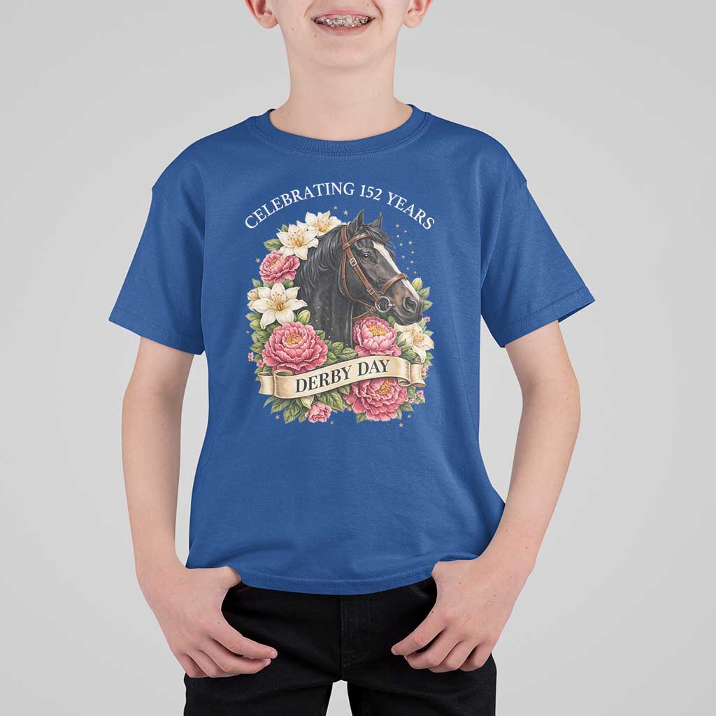 Celebrating 152 Years Derby Day Floral T Shirt For Kid Horse Racing Pink Peony White Lily Equestrian 152nd Anniversary