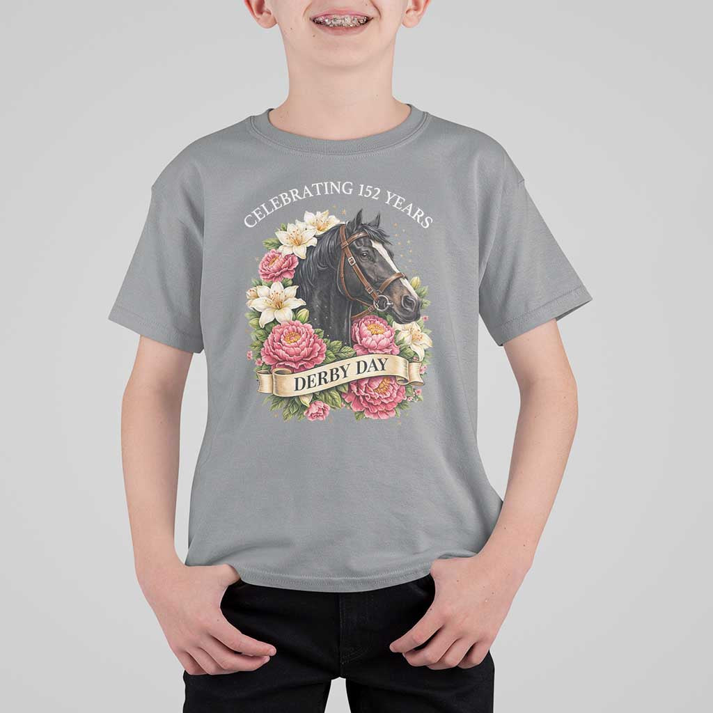 Celebrating 152 Years Derby Day Floral T Shirt For Kid Horse Racing Pink Peony White Lily Equestrian 152nd Anniversary