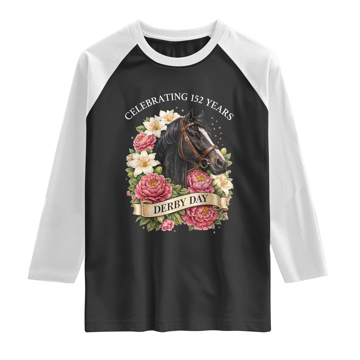 Celebrating 152 Years Derby Day Floral Raglan Shirt Horse Racing Pink Peony White Lily Equestrian 152nd Anniversary