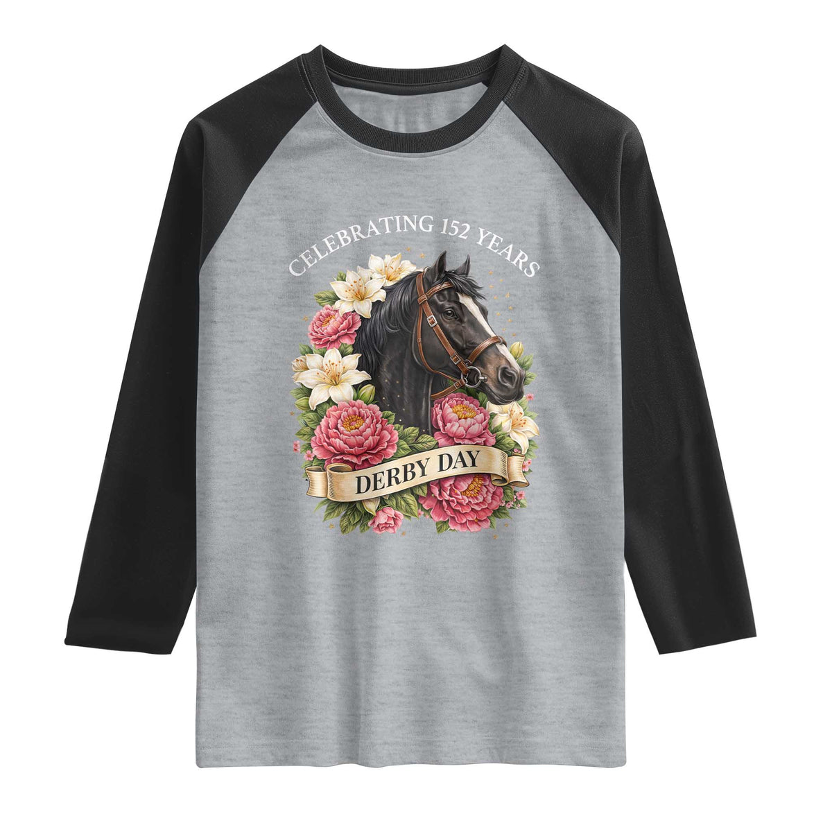 Celebrating 152 Years Derby Day Floral Raglan Shirt Horse Racing Pink Peony White Lily Equestrian 152nd Anniversary