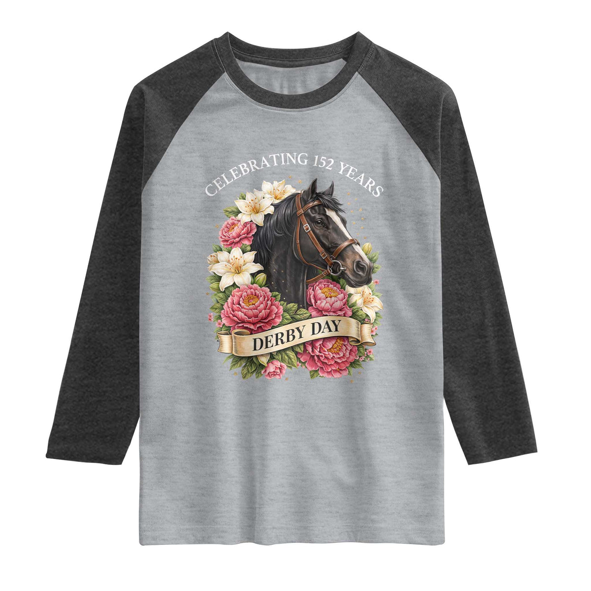Celebrating 152 Years Derby Day Floral Raglan Shirt Horse Racing Pink Peony White Lily Equestrian 152nd Anniversary