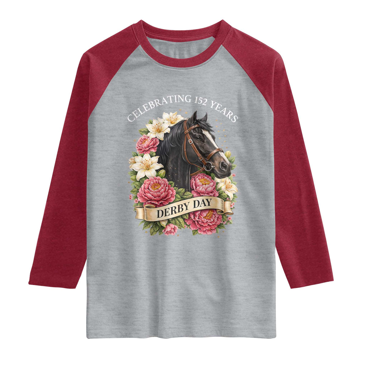 Celebrating 152 Years Derby Day Floral Raglan Shirt Horse Racing Pink Peony White Lily Equestrian 152nd Anniversary