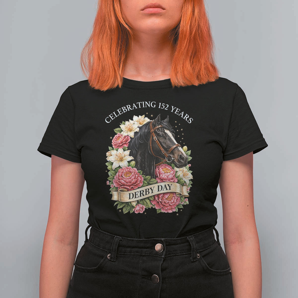 Celebrating 152 Years Derby Day Floral T Shirt For Women Horse Racing Pink Peony White Lily Equestrian 152nd Anniversary