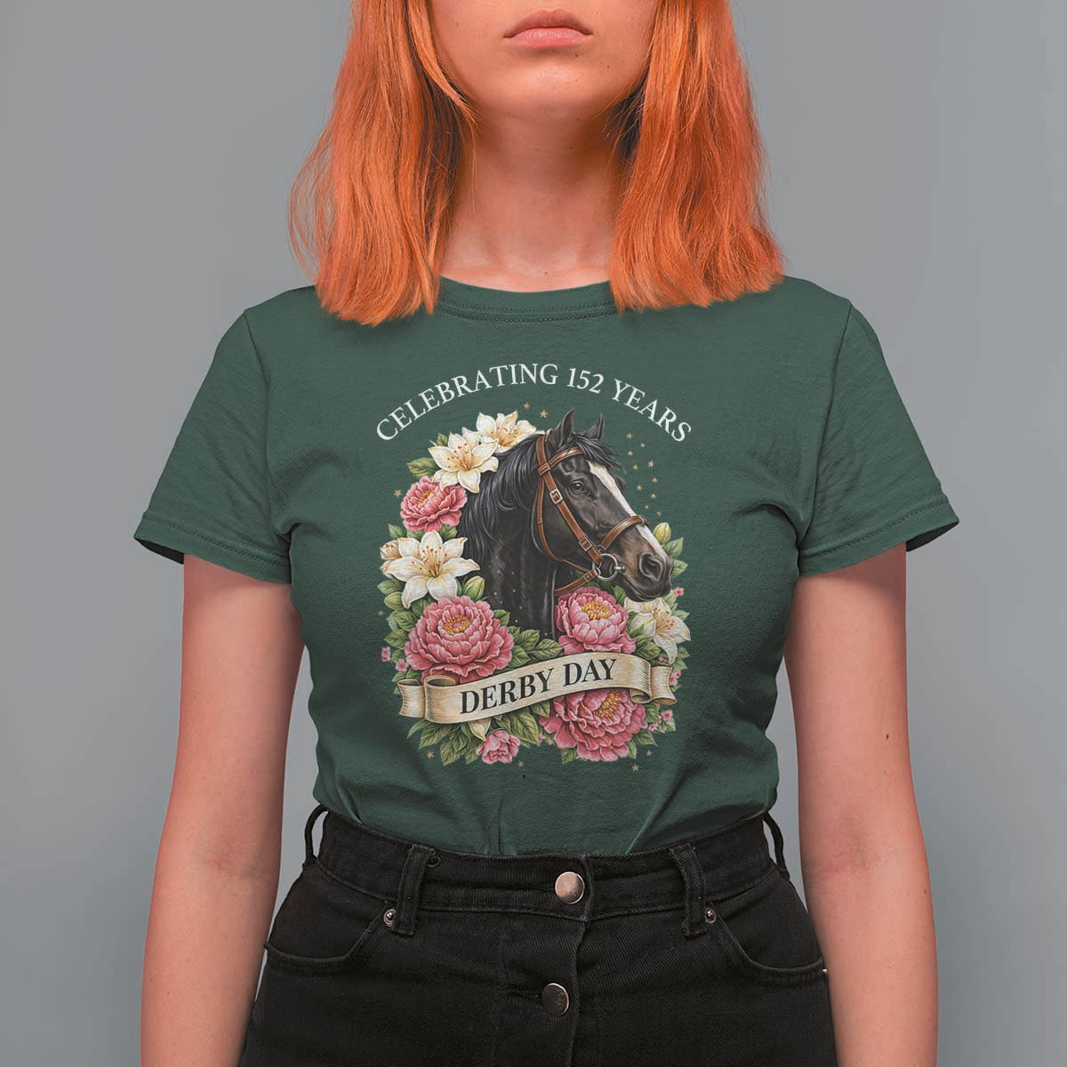 Celebrating 152 Years Derby Day Floral T Shirt For Women Horse Racing Pink Peony White Lily Equestrian 152nd Anniversary