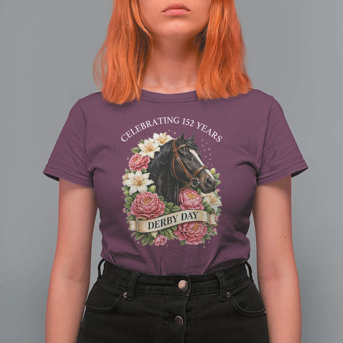 Celebrating 152 Years Derby Day Floral T Shirt For Women Horse Racing Pink Peony White Lily Equestrian 152nd Anniversary