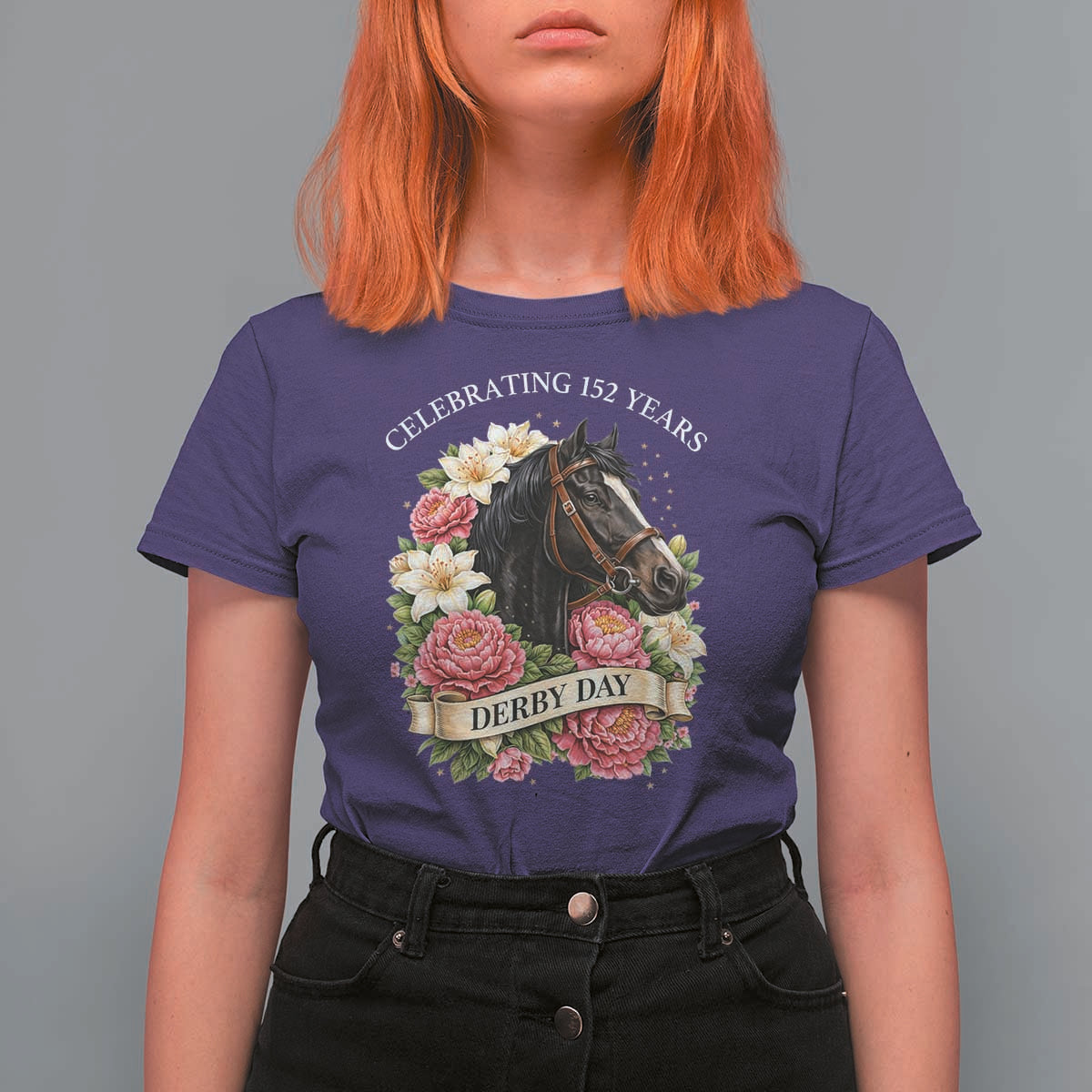 Celebrating 152 Years Derby Day Floral T Shirt For Women Horse Racing Pink Peony White Lily Equestrian 152nd Anniversary