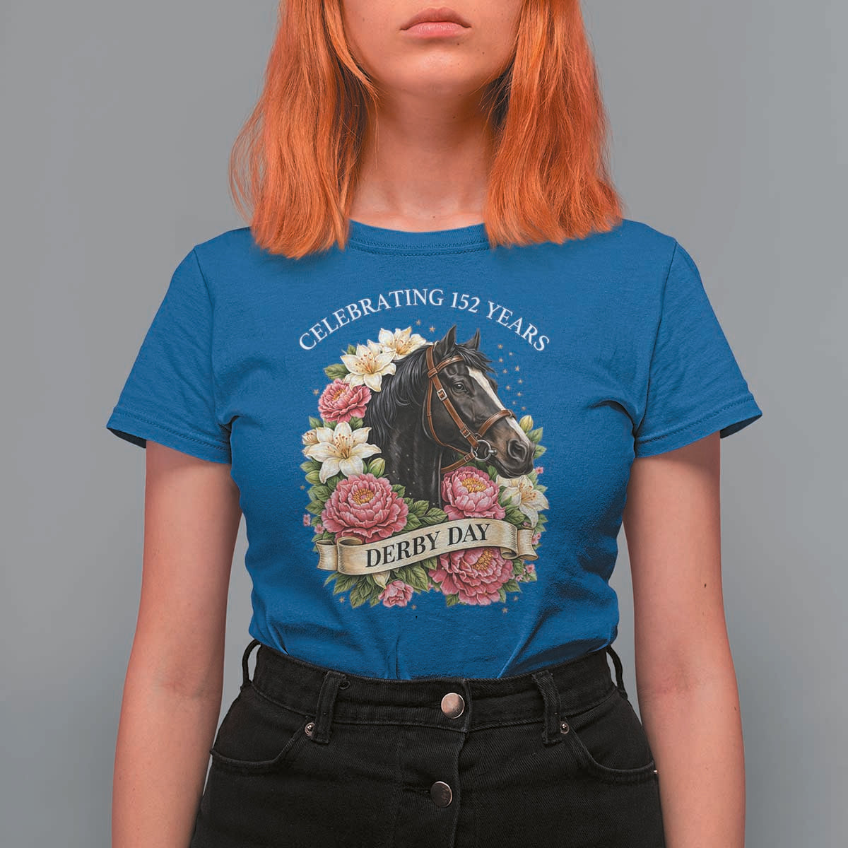 Celebrating 152 Years Derby Day Floral T Shirt For Women Horse Racing Pink Peony White Lily Equestrian 152nd Anniversary
