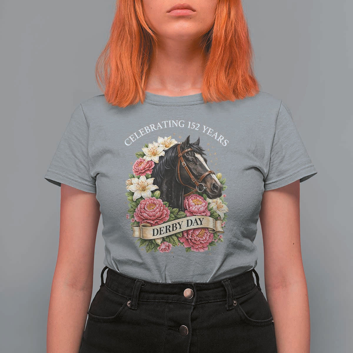 Celebrating 152 Years Derby Day Floral T Shirt For Women Horse Racing Pink Peony White Lily Equestrian 152nd Anniversary
