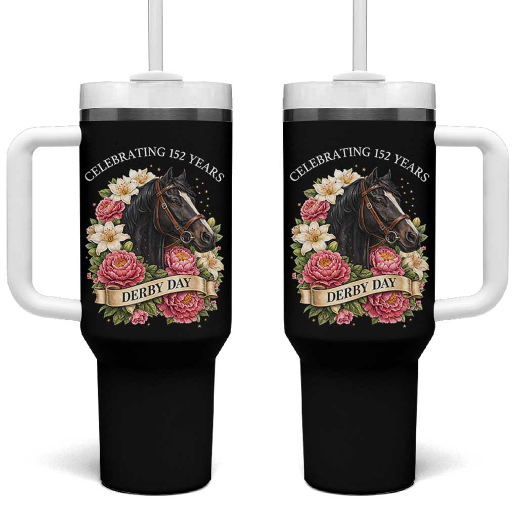 Celebrating 152 Years Derby Day Floral Tumbler With Handle Horse Racing Pink Peony White Lily Equestrian 152nd Anniversary