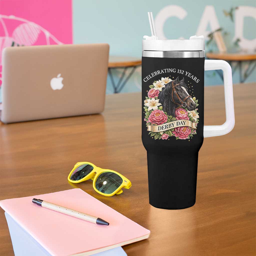 Celebrating 152 Years Derby Day Floral Tumbler With Handle Horse Racing Pink Peony White Lily Equestrian 152nd Anniversary