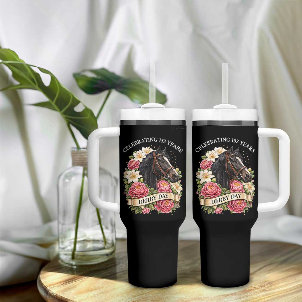 Celebrating 152 Years Derby Day Floral Tumbler With Handle Horse Racing Pink Peony White Lily Equestrian 152nd Anniversary