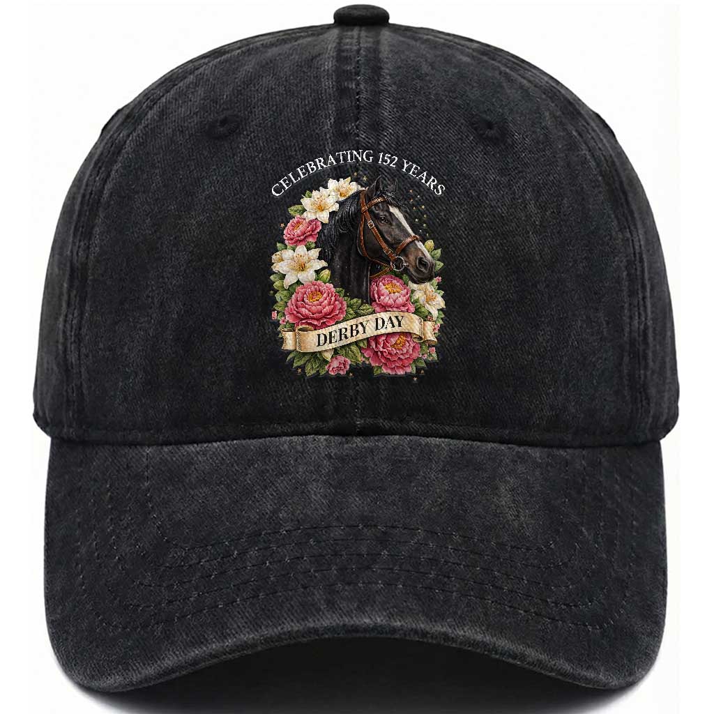 Celebrating 152 Years Derby Day Floral Washed Cotton Baseball Cap Horse Racing Pink Peony White Lily Equestrian 152nd Anniversary