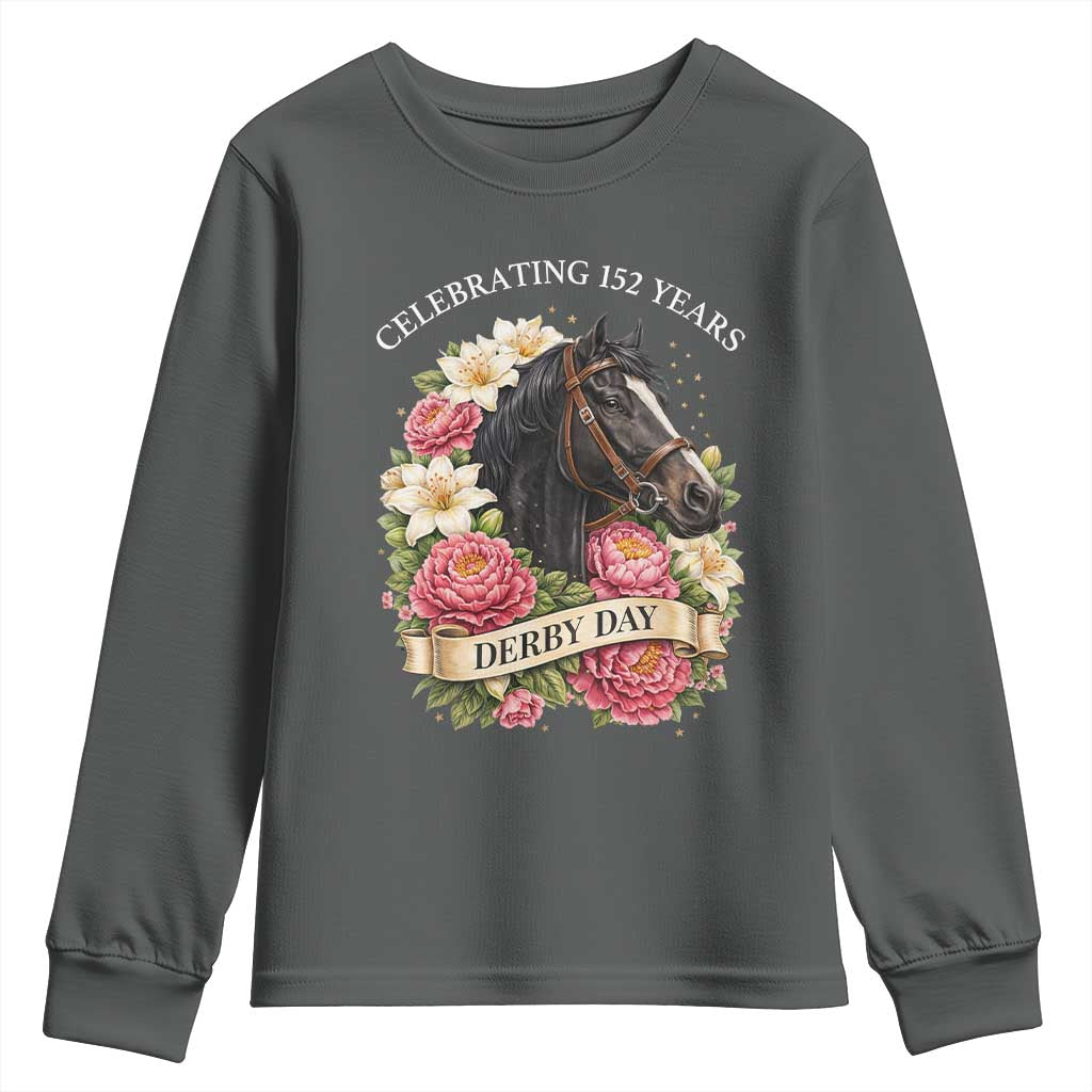 Celebrating 152 Years Derby Day Floral Youth Sweatshirt Horse Racing Pink Peony White Lily Equestrian 152nd Anniversary