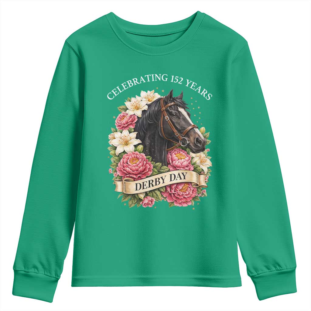 Celebrating 152 Years Derby Day Floral Youth Sweatshirt Horse Racing Pink Peony White Lily Equestrian 152nd Anniversary