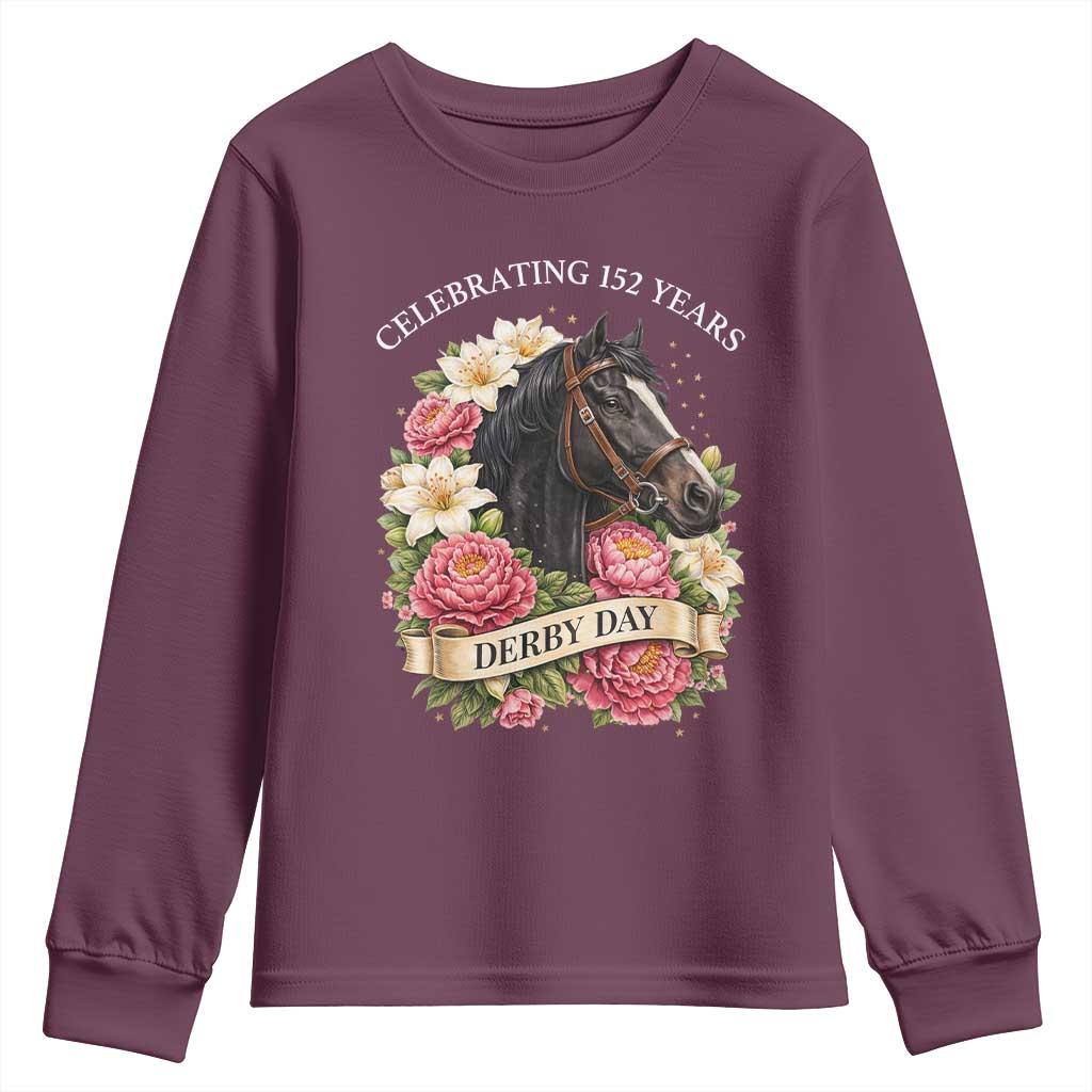 Celebrating 152 Years Derby Day Floral Youth Sweatshirt Horse Racing Pink Peony White Lily Equestrian 152nd Anniversary