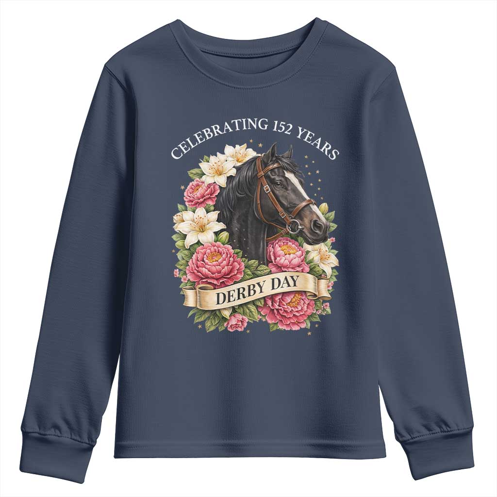 Celebrating 152 Years Derby Day Floral Youth Sweatshirt Horse Racing Pink Peony White Lily Equestrian 152nd Anniversary