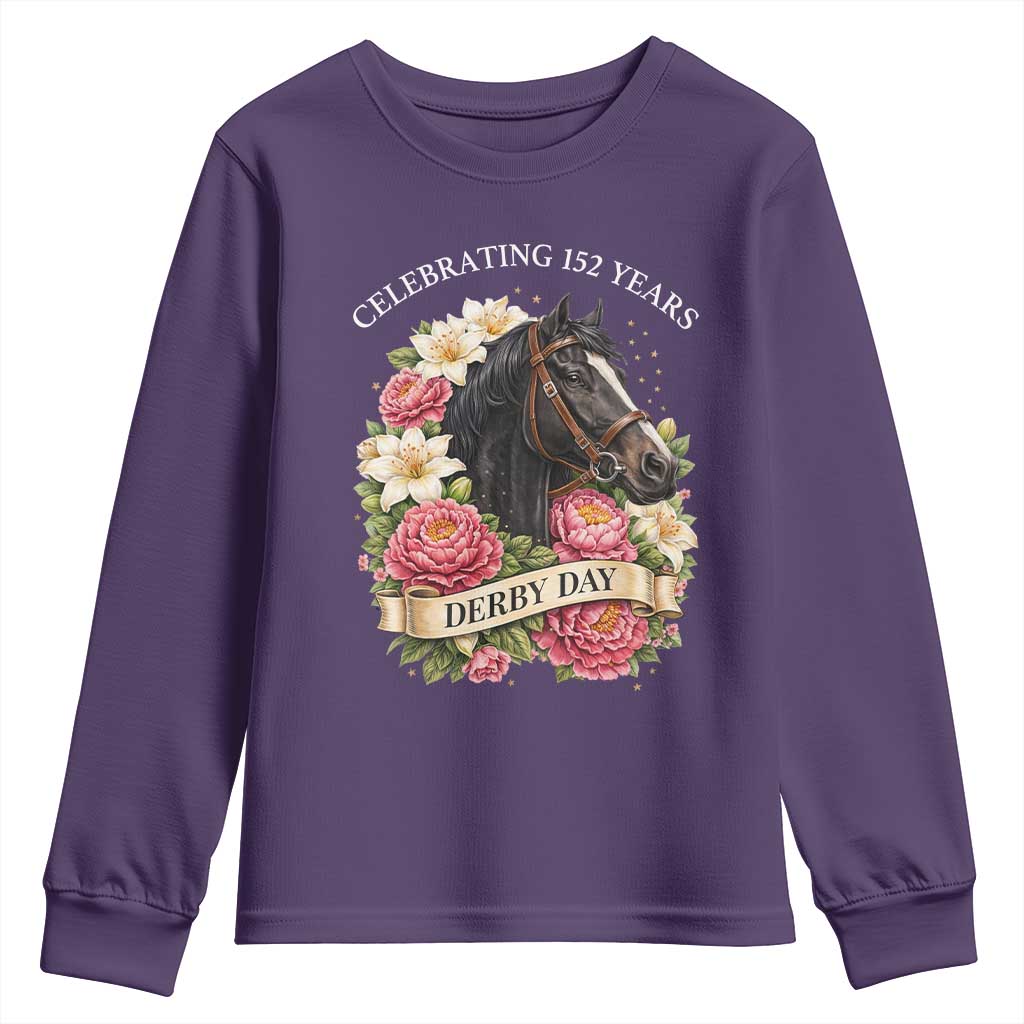 Celebrating 152 Years Derby Day Floral Youth Sweatshirt Horse Racing Pink Peony White Lily Equestrian 152nd Anniversary