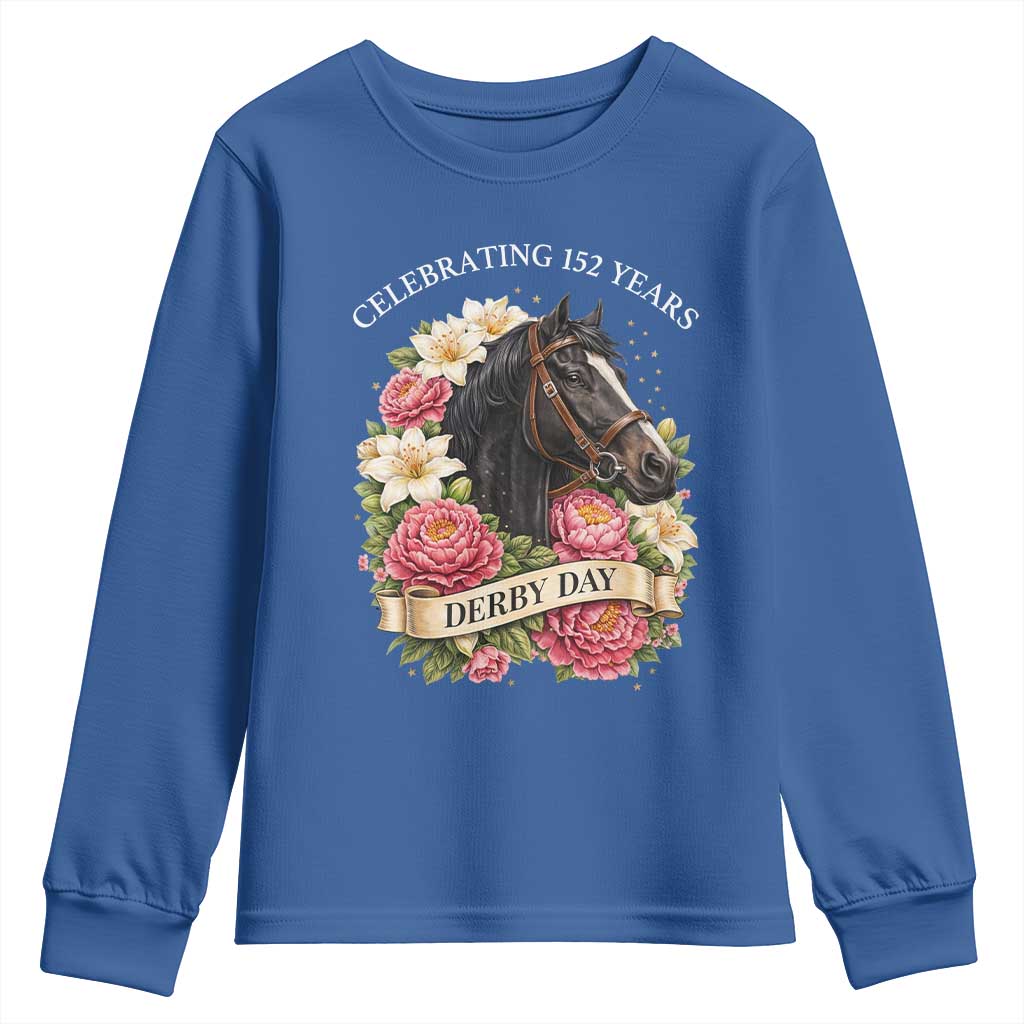 Celebrating 152 Years Derby Day Floral Youth Sweatshirt Horse Racing Pink Peony White Lily Equestrian 152nd Anniversary