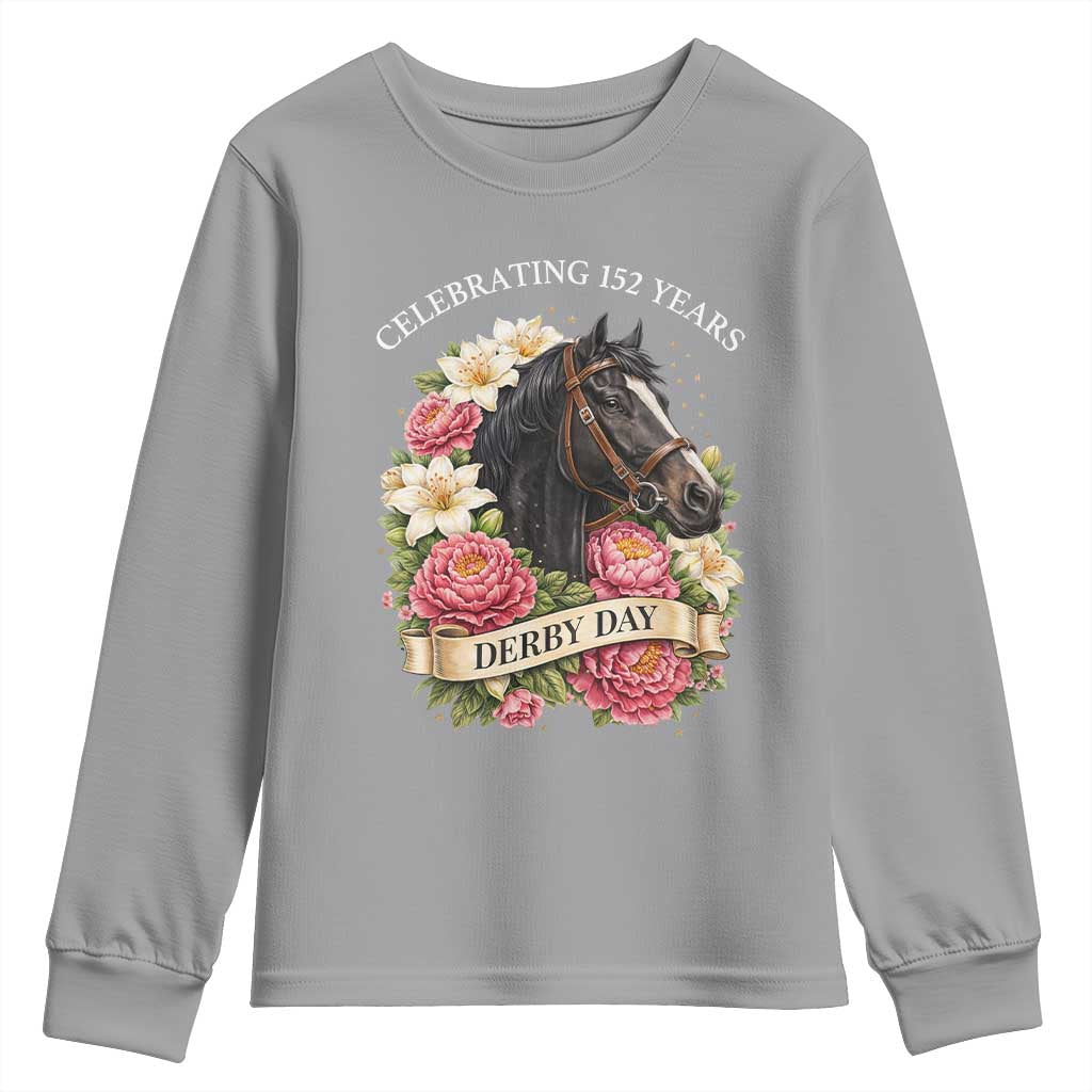 Celebrating 152 Years Derby Day Floral Youth Sweatshirt Horse Racing Pink Peony White Lily Equestrian 152nd Anniversary