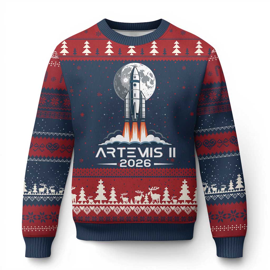 Lunar Journey 2026 Retro Rocket Launch Ugly Christmas Sweater Space Exploration Astronomy Enthusiasts Sci-Fi Lovers