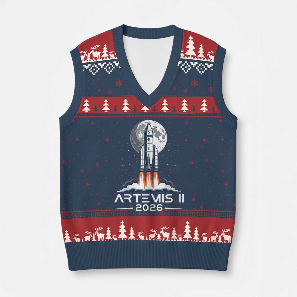 Lunar Journey 2026 Retro Rocket Launch V-Neck Knit Sweater Vest Space Exploration Astronomy Enthusiasts Sci-Fi Lovers