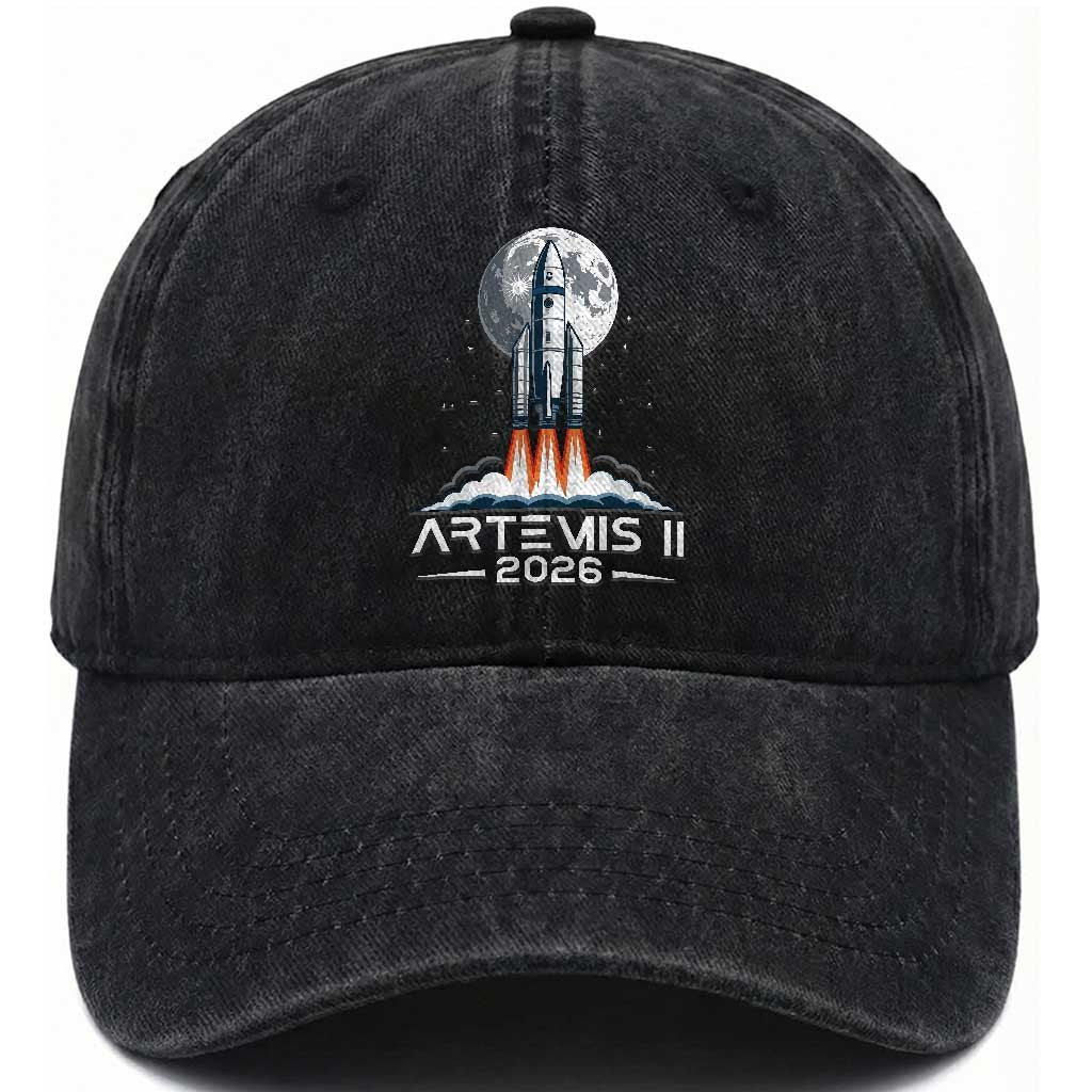 Lunar Journey 2026 Retro Rocket Launch Washed Cotton Baseball Cap Space Exploration Astronomy Enthusiasts Sci-Fi Lovers
