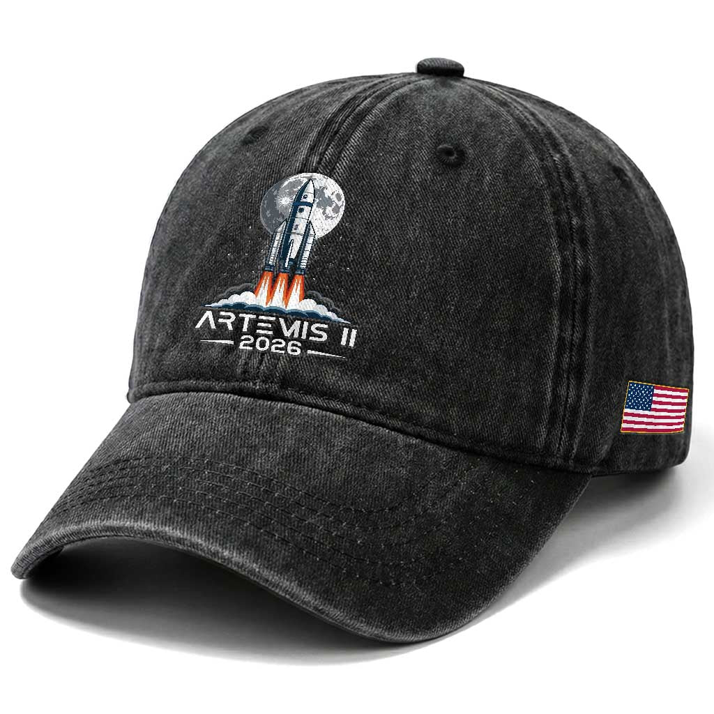 Lunar Journey 2026 Retro Rocket Launch Washed Cotton Baseball Cap Space Exploration Astronomy Enthusiasts Sci-Fi Lovers