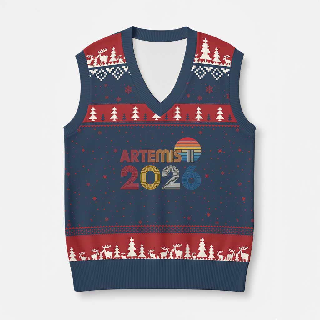 2026 Lunar Mission Retro Sunset V-Neck Knit Sweater Vest Vintage Space Exploration Astronomy Enthusiasts Sci-Fi Lovers