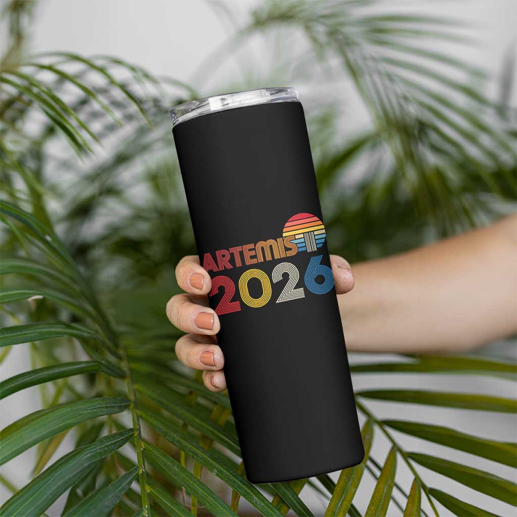 2026 Lunar Mission Retro Sunset Skinny Tumbler Vintage Space Exploration Astronomy Enthusiasts Sci-Fi Lovers