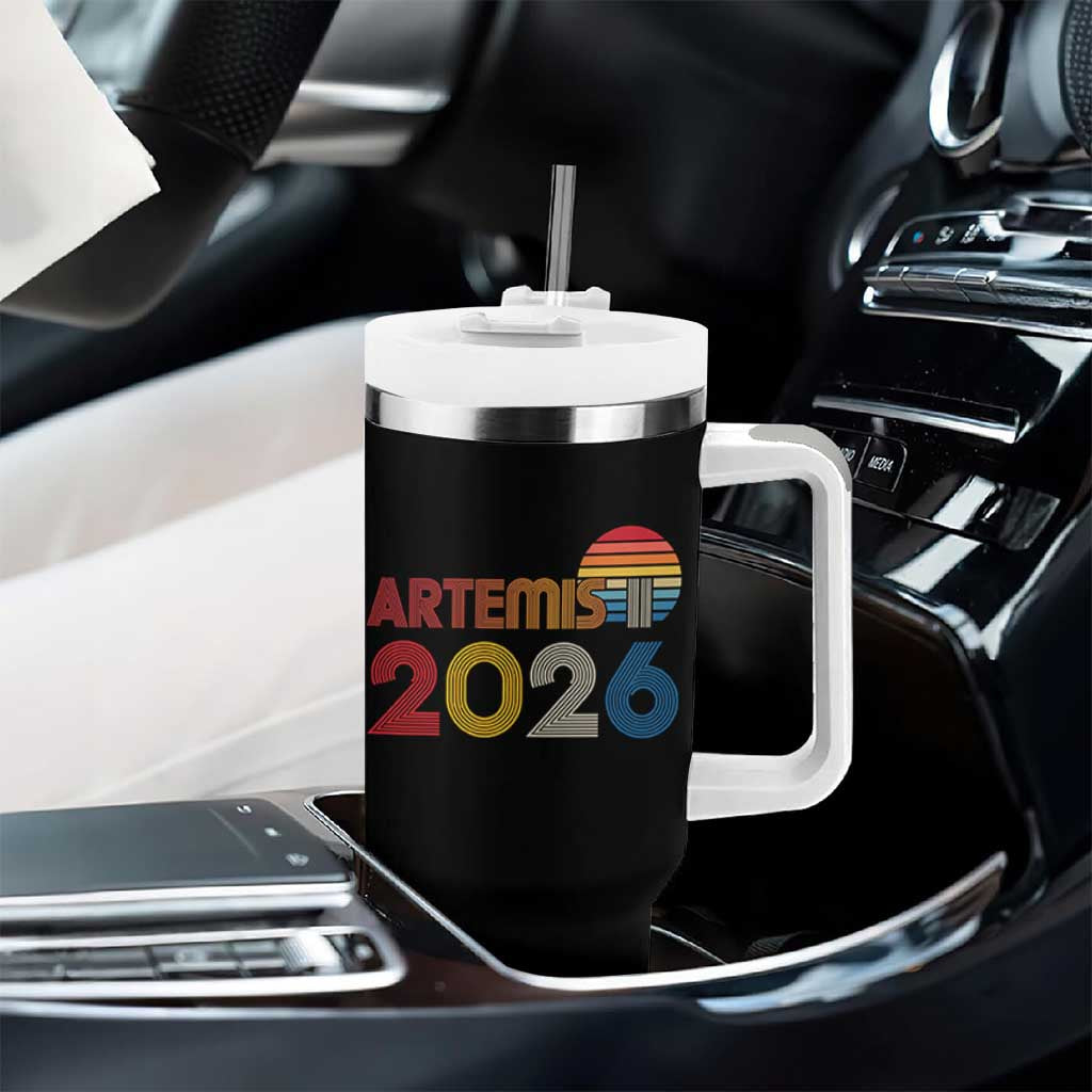 2026 Lunar Mission Retro Sunset Tumbler With Handle Vintage Space Exploration Astronomy Enthusiasts Sci-Fi Lovers