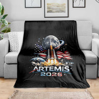 Patriotic 2026 Lunar Orbit Mission Rocket Launch Throw Blanket American Flag n Moon Patriotic Space Astronomy Enthusiasts
