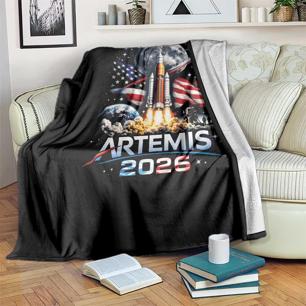 Patriotic 2026 Lunar Orbit Mission Rocket Launch Throw Blanket American Flag n Moon Patriotic Space Astronomy Enthusiasts