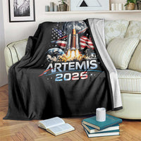 Patriotic 2026 Lunar Orbit Mission Rocket Launch Throw Blanket American Flag n Moon Patriotic Space Astronomy Enthusiasts