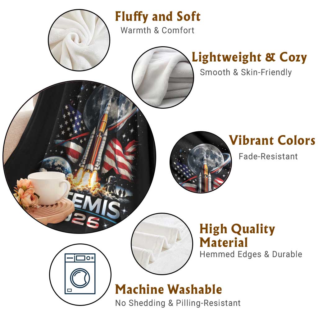 Patriotic 2026 Lunar Orbit Mission Rocket Launch Throw Blanket American Flag n Moon Patriotic Space Astronomy Enthusiasts