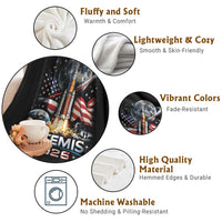 Patriotic 2026 Lunar Orbit Mission Rocket Launch Throw Blanket American Flag n Moon Patriotic Space Astronomy Enthusiasts