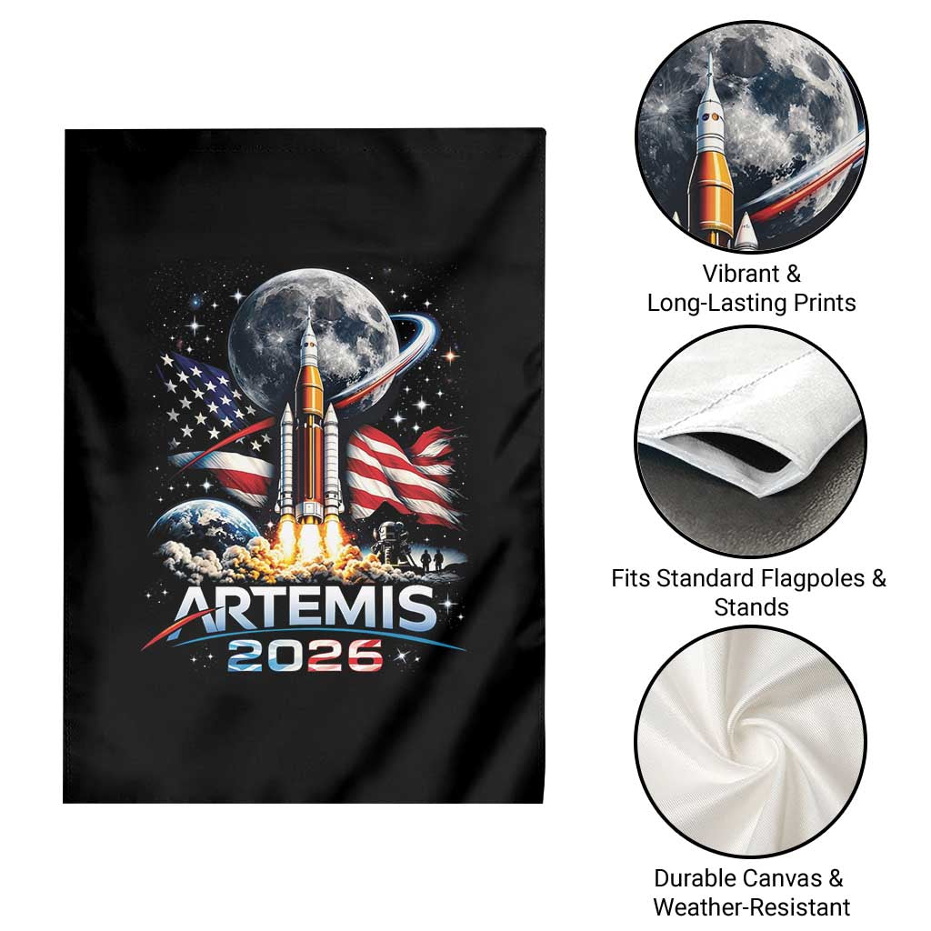 Patriotic 2026 Lunar Orbit Mission Rocket Launch Garden Flag American Flag n Moon Patriotic Space Astronomy Enthusiasts