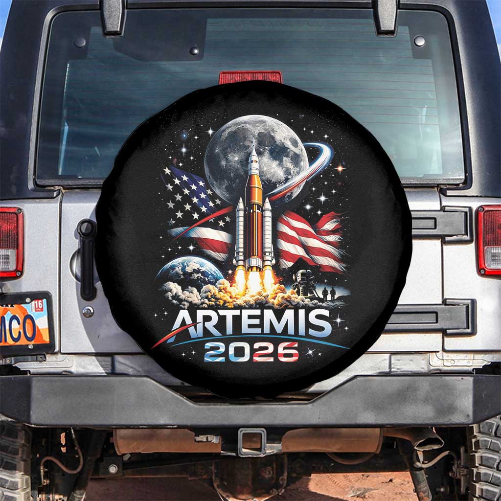 Patriotic 2026 Lunar Orbit Mission Rocket Launch Spare Tire Cover American Flag n Moon Patriotic Space Astronomy Enthusiasts