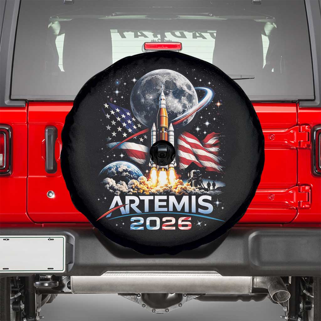 Patriotic 2026 Lunar Orbit Mission Rocket Launch Spare Tire Cover American Flag n Moon Patriotic Space Astronomy Enthusiasts