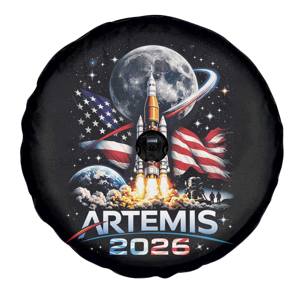 Patriotic 2026 Lunar Orbit Mission Rocket Launch Spare Tire Cover American Flag n Moon Patriotic Space Astronomy Enthusiasts