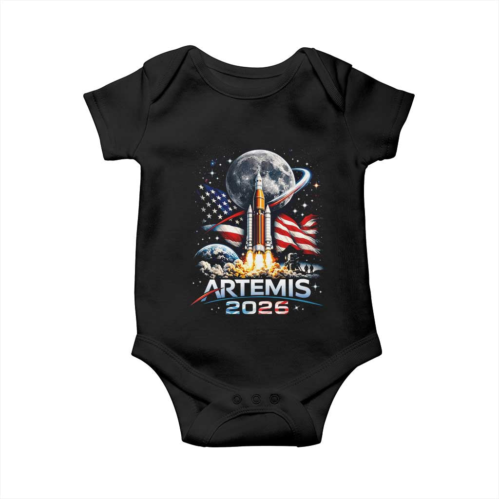 Patriotic 2026 Lunar Orbit Mission Rocket Launch Baby Onesie American Flag n Moon Patriotic Space Astronomy Enthusiasts TS02