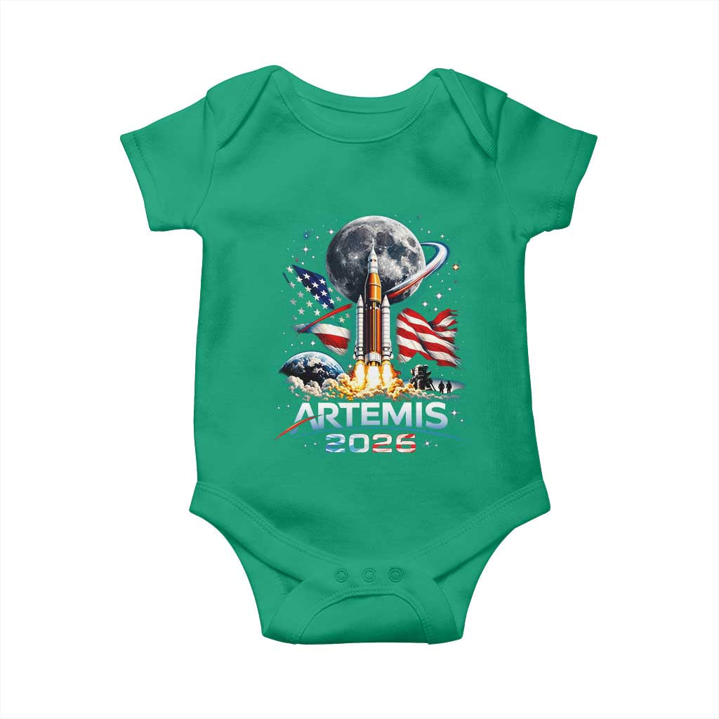 Patriotic 2026 Lunar Orbit Mission Rocket Launch Baby Onesie American Flag n Moon Patriotic Space Astronomy Enthusiasts TS02
