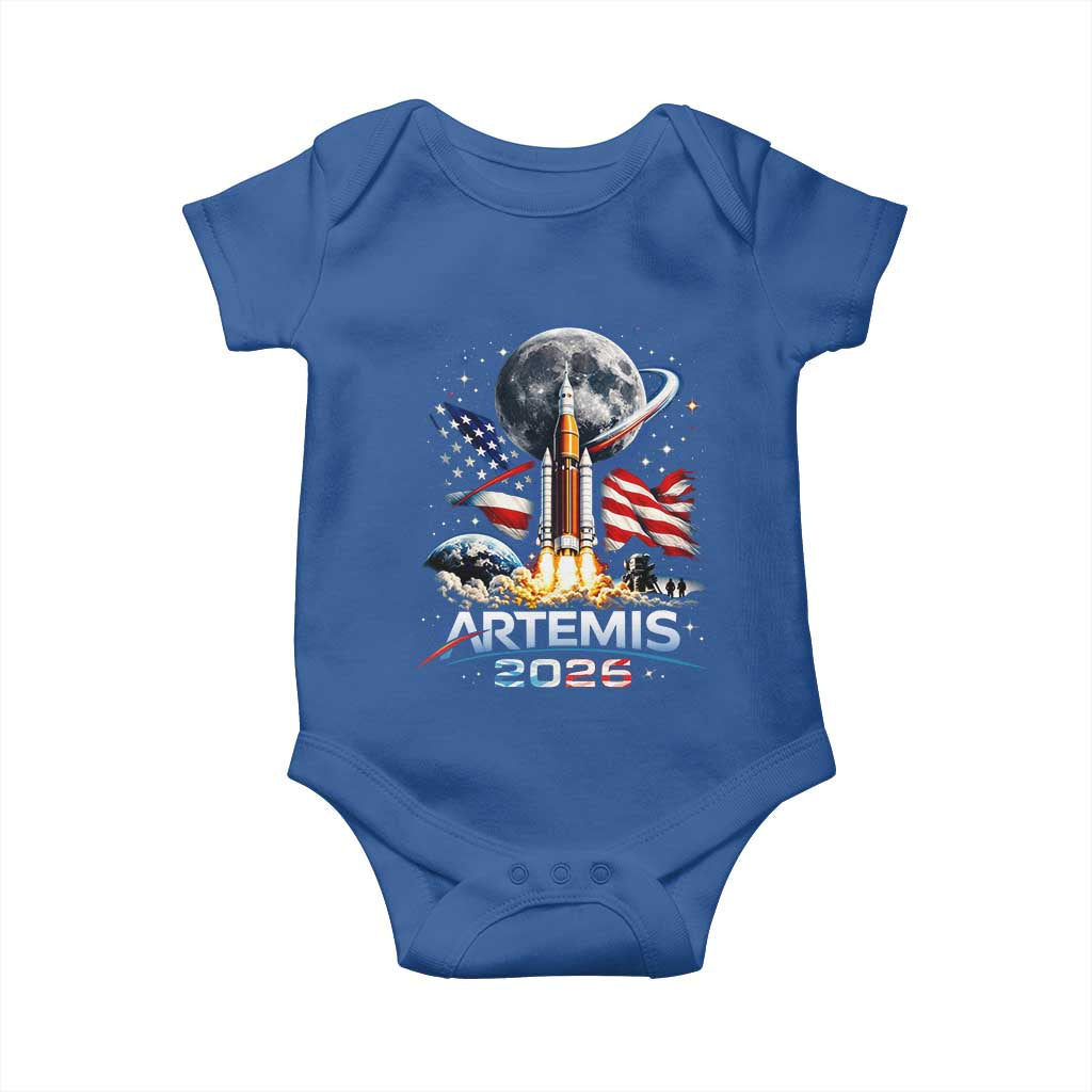 Patriotic 2026 Lunar Orbit Mission Rocket Launch Baby Onesie American Flag n Moon Patriotic Space Astronomy Enthusiasts TS02