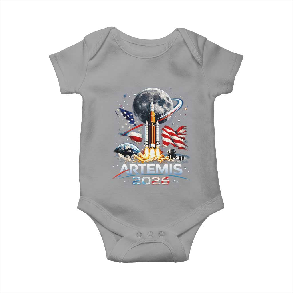 Patriotic 2026 Lunar Orbit Mission Rocket Launch Baby Onesie American Flag n Moon Patriotic Space Astronomy Enthusiasts TS02